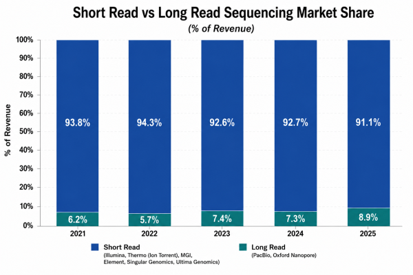 Short read versus long read sequencing revenue share, 2021–2025. Long reads rise from 6.2% to 8.9%.