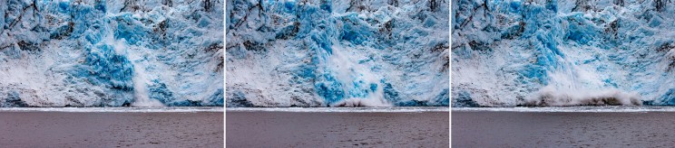 Three successive images of ice calving from a glacier into the water